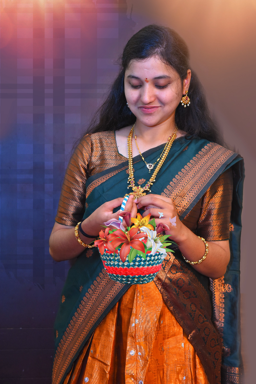 Exquisite bridal portrait with handcrafted gold jewellery and silk saree